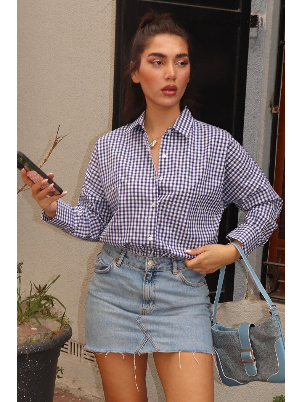 Lacivert Pötikareli Uzun Kollu Kadın Gömlek Mg2386-3