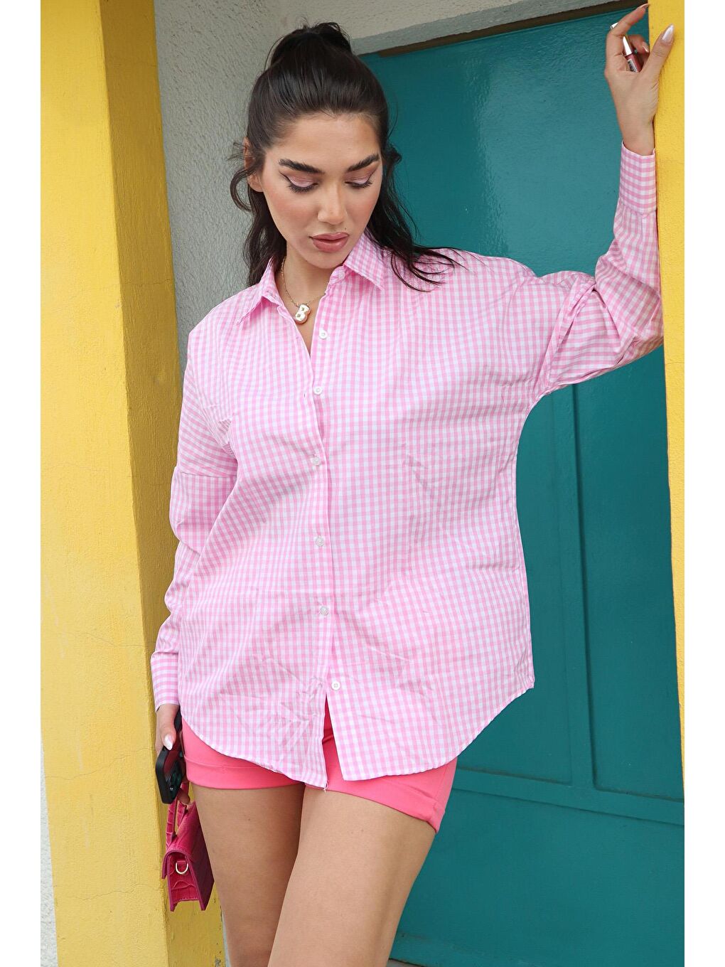 Pembe Pötikareli Uzun Kollu Kadın Gömlek Mg2386-1