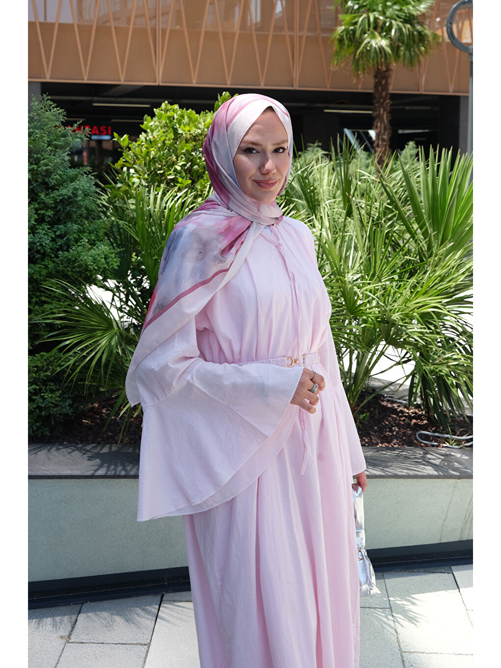 Kadın Boyun Bağcık Detay Bel Lastik Kemerli Elbise Pembe-1