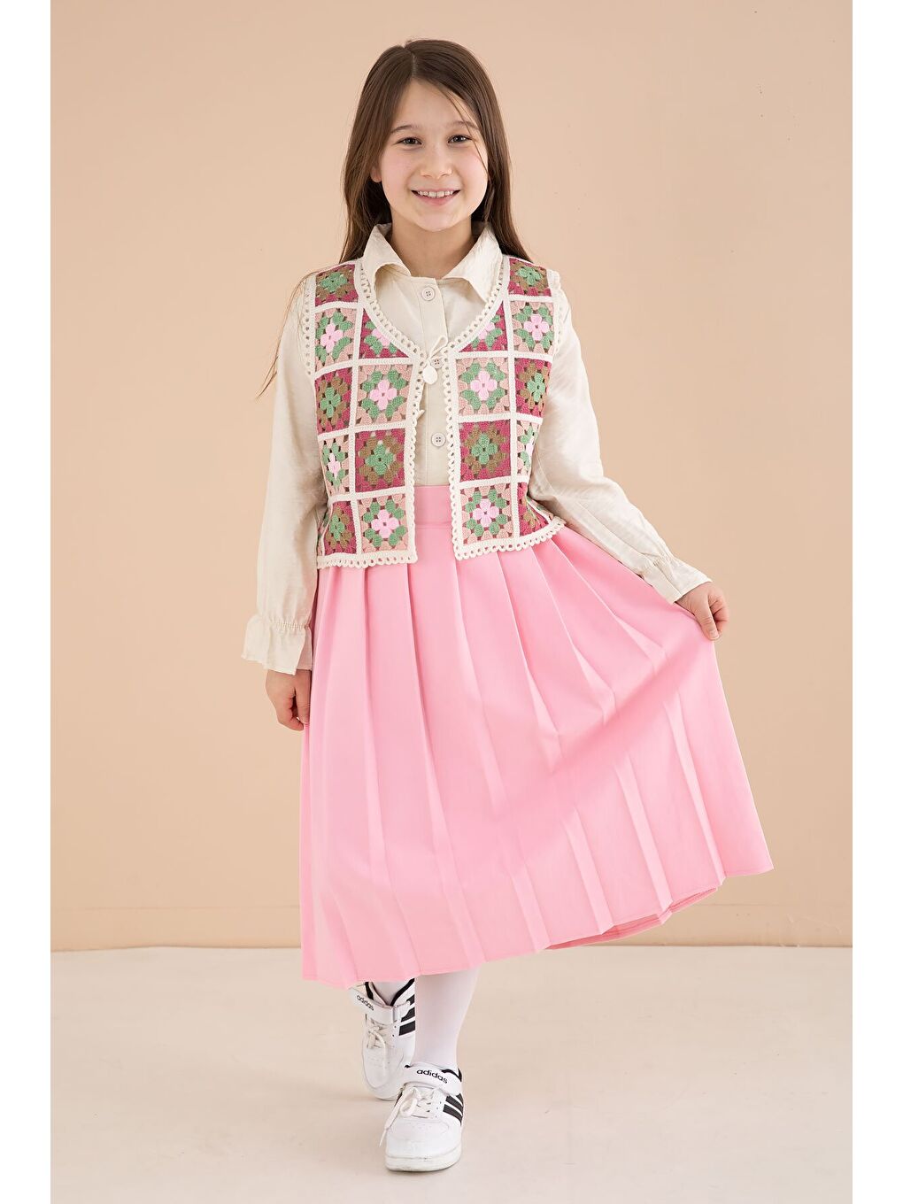 Pembe Çiçek Desen Örgü Süveterli Gömlekli Kız Çocuk Etekli 3lü Takım 23581