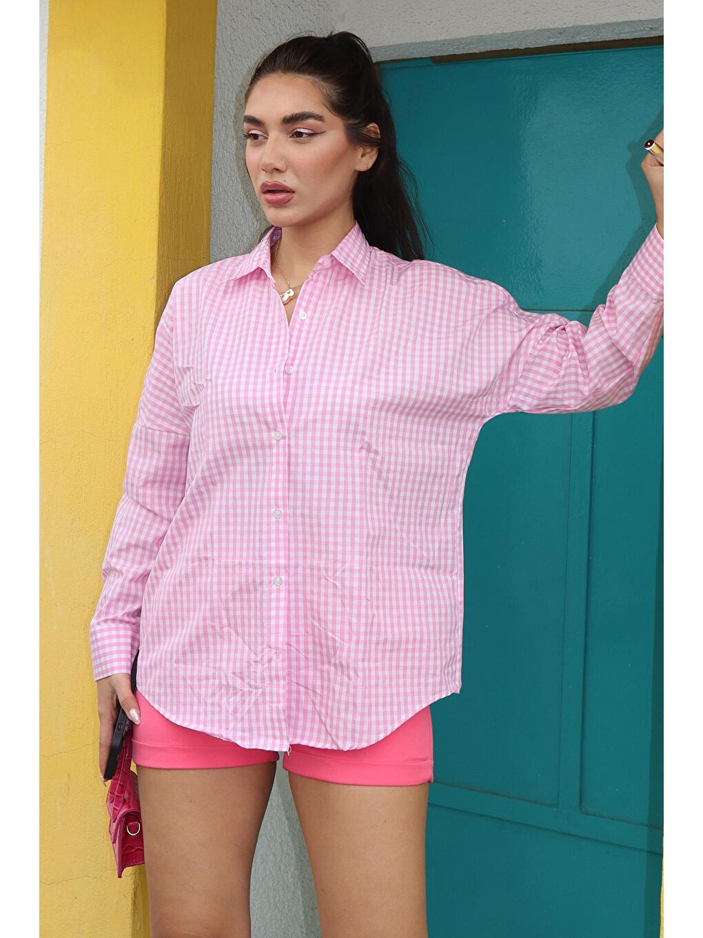 Pembe Pötikareli Uzun Kollu Kadın Gömlek Mg2386-3