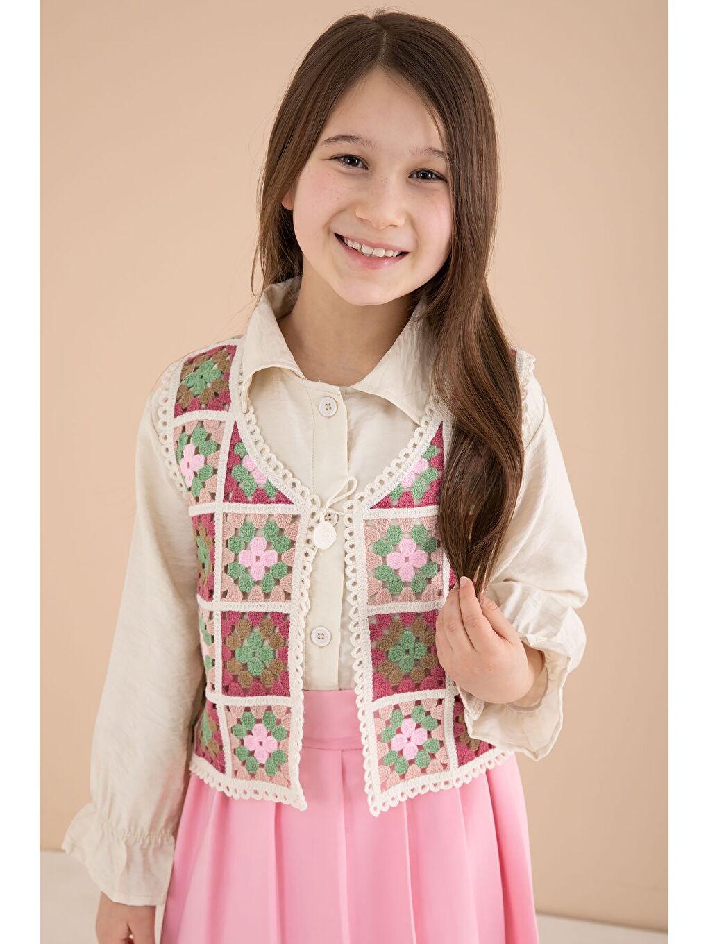 Pembe Çiçek Desen Örgü Süveterli Gömlekli Kız Çocuk Etekli 3lü Takım 23581-1