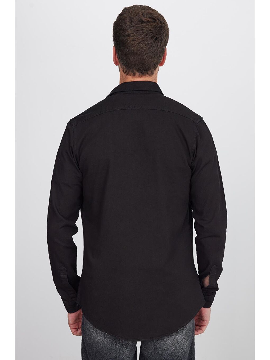 Erkek Slim Fit Dar Kesim Uzun Kollu Denim Jean Çift Cep Çıtçıtlı Siyah Gömlek-6
