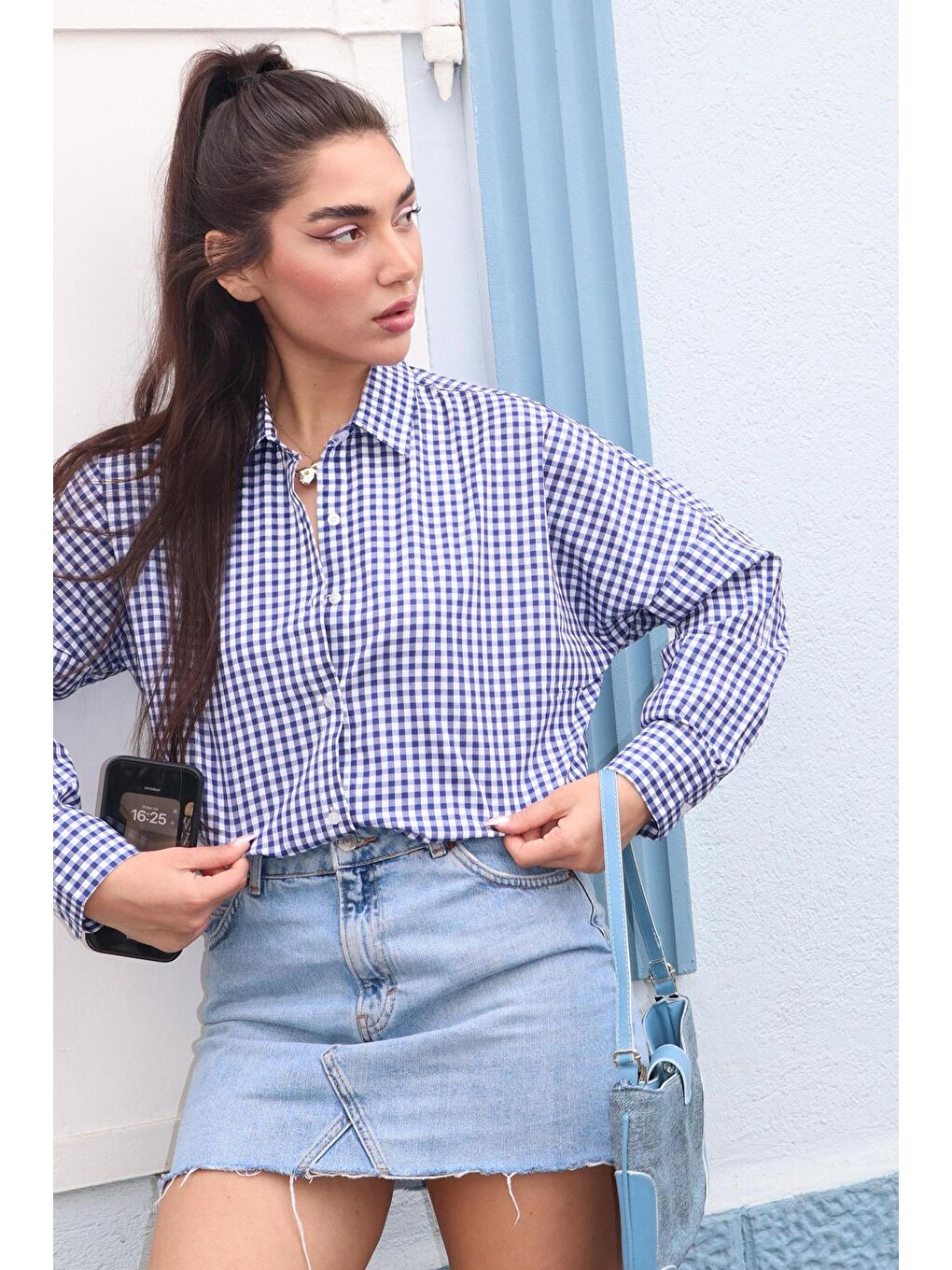 Lacivert Pötikareli Uzun Kollu Kadın Gömlek Mg2386-6