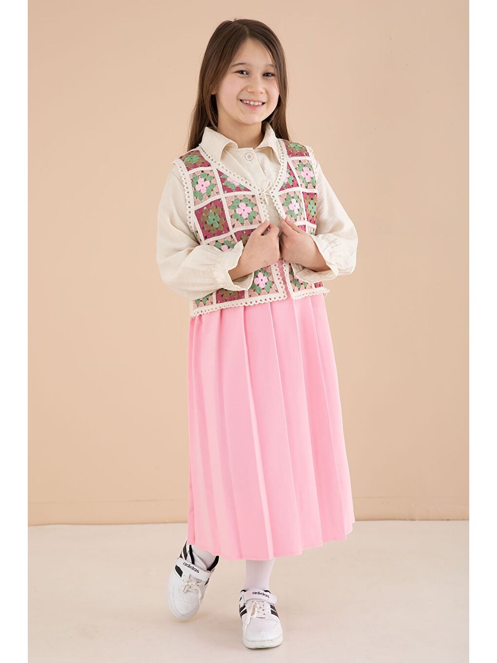 Pembe Çiçek Desen Örgü Süveterli Gömlekli Kız Çocuk Etekli 3lü Takım 23581-2