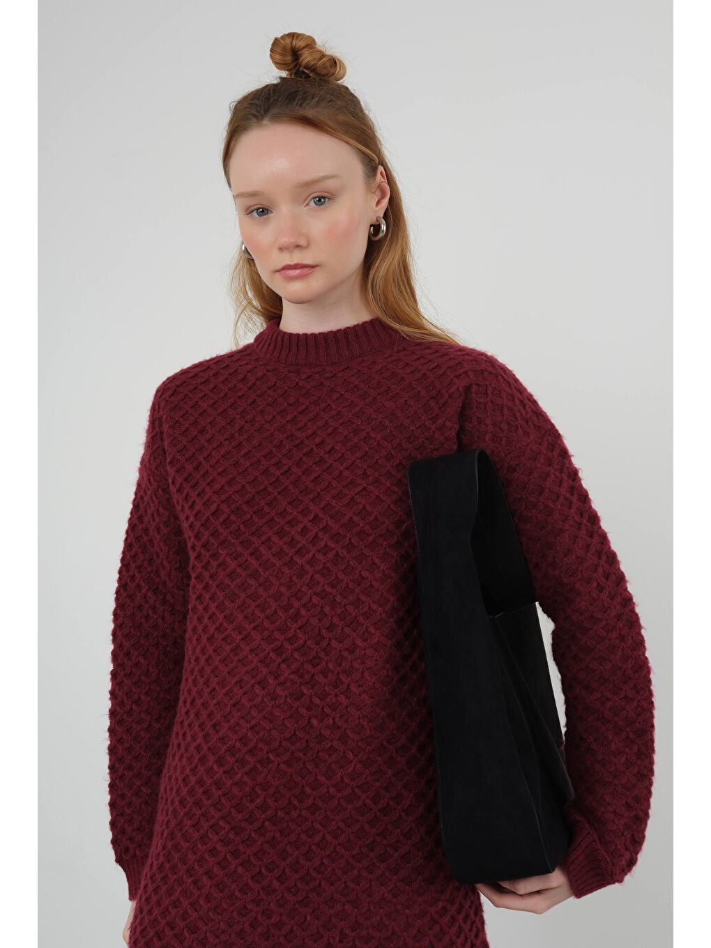 Örümcek Örgülü Kazak Uzun Bordo-4