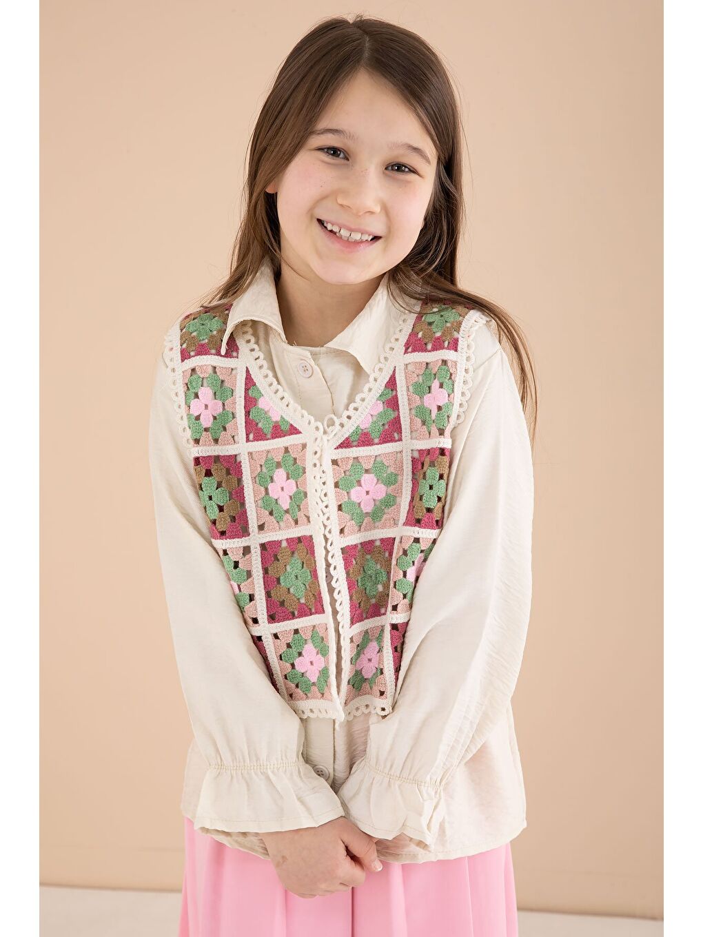 Pembe Çiçek Desen Örgü Süveterli Gömlekli Kız Çocuk Etekli 3lü Takım 23581-3