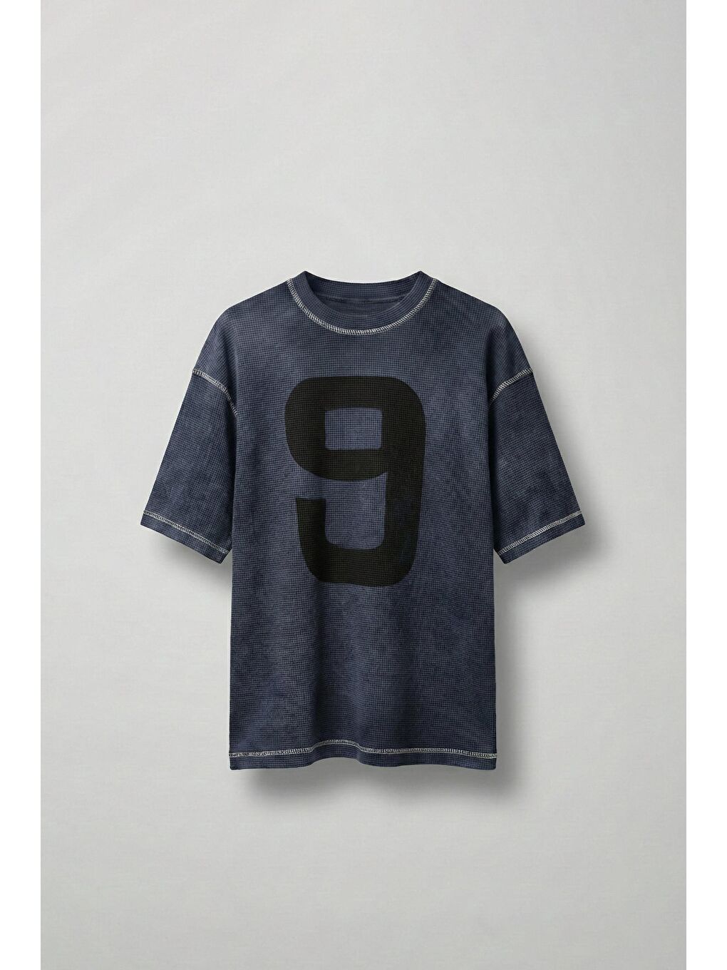 Erkek Dikiş Detaylı Waffle Kumaş Oversize T-Shirt Mavi
