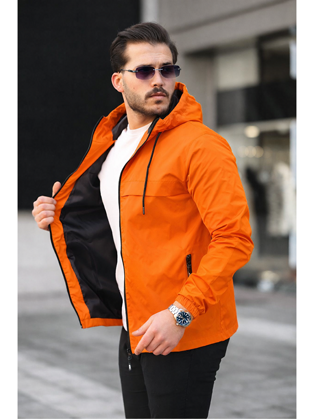 Turuncu Erkek Içi Astarlı Suya Dayanıklı Kapüşonlu Cepli Yağmurluk-2