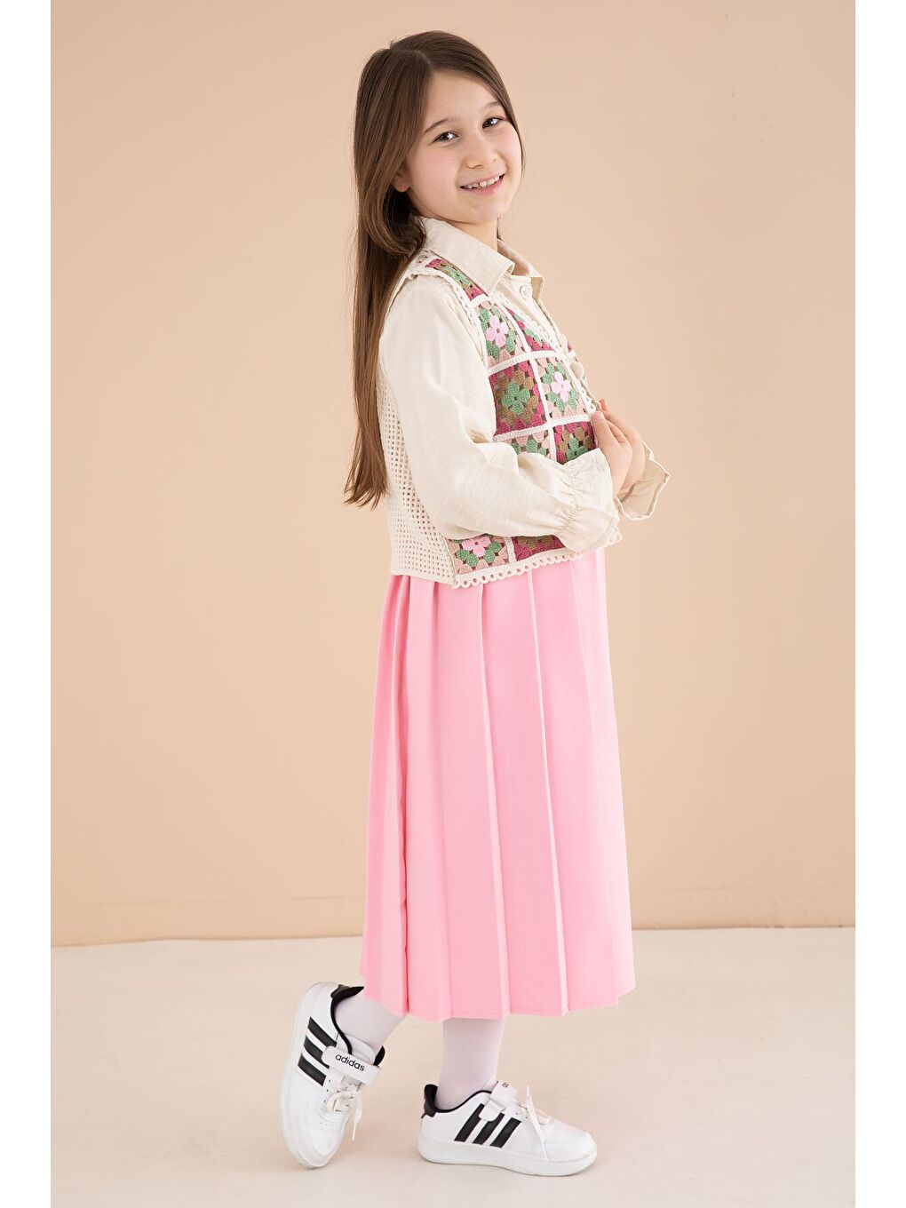 Pembe Çiçek Desen Örgü Süveterli Gömlekli Kız Çocuk Etekli 3lü Takım 23581-4