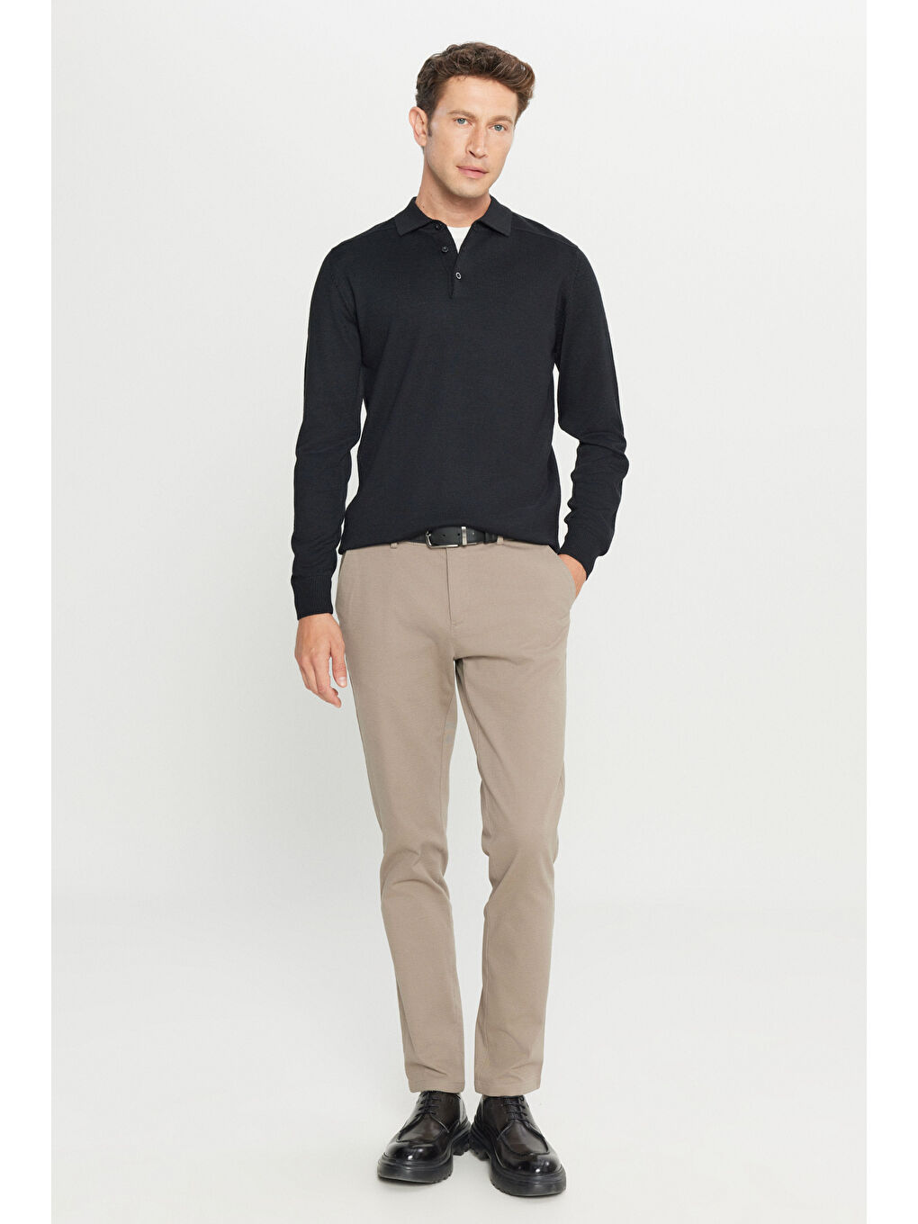 Erkek Siyah Yünlü Standart Fit Normal Kesim Polo Yaka Basic Triko Kazak-1