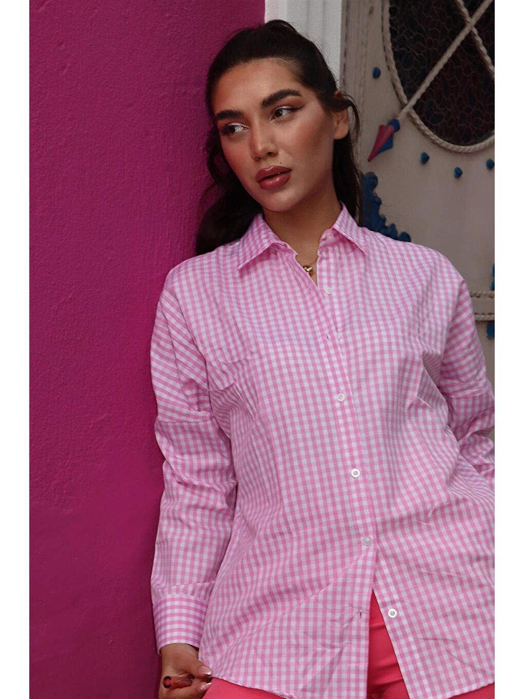 Pembe Pötikareli Uzun Kollu Kadın Gömlek Mg2386-5
