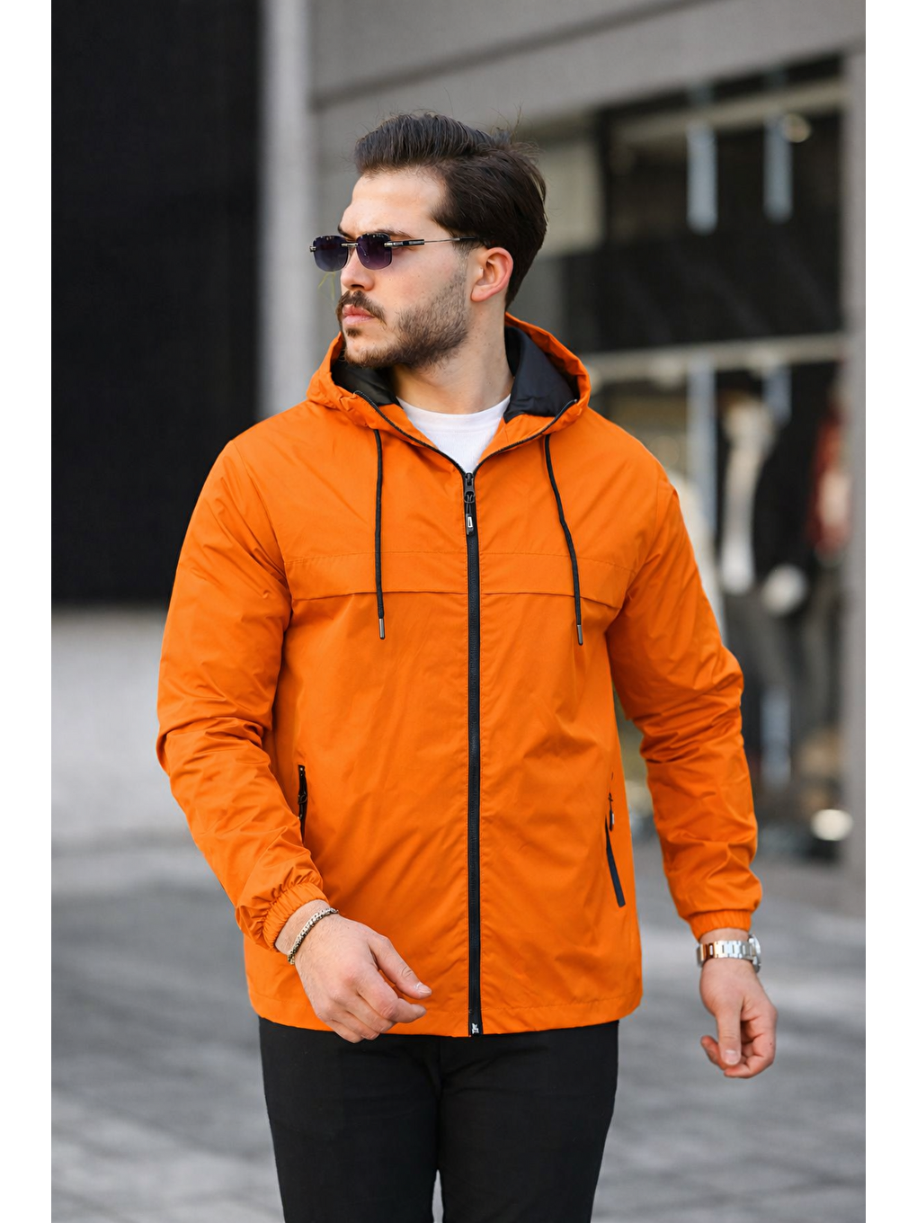 Turuncu Erkek Içi Astarlı Suya Dayanıklı Kapüşonlu Cepli Yağmurluk-3