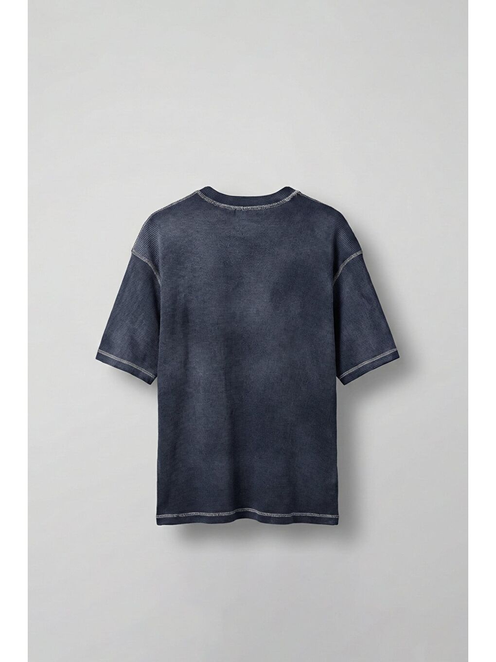 Erkek Dikiş Detaylı Waffle Kumaş Oversize T-Shirt Mavi-1