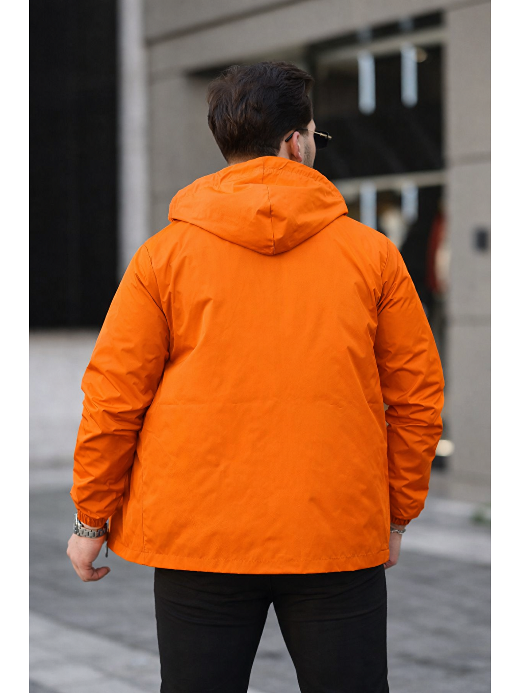 Turuncu Erkek Içi Astarlı Suya Dayanıklı Kapüşonlu Cepli Yağmurluk-4