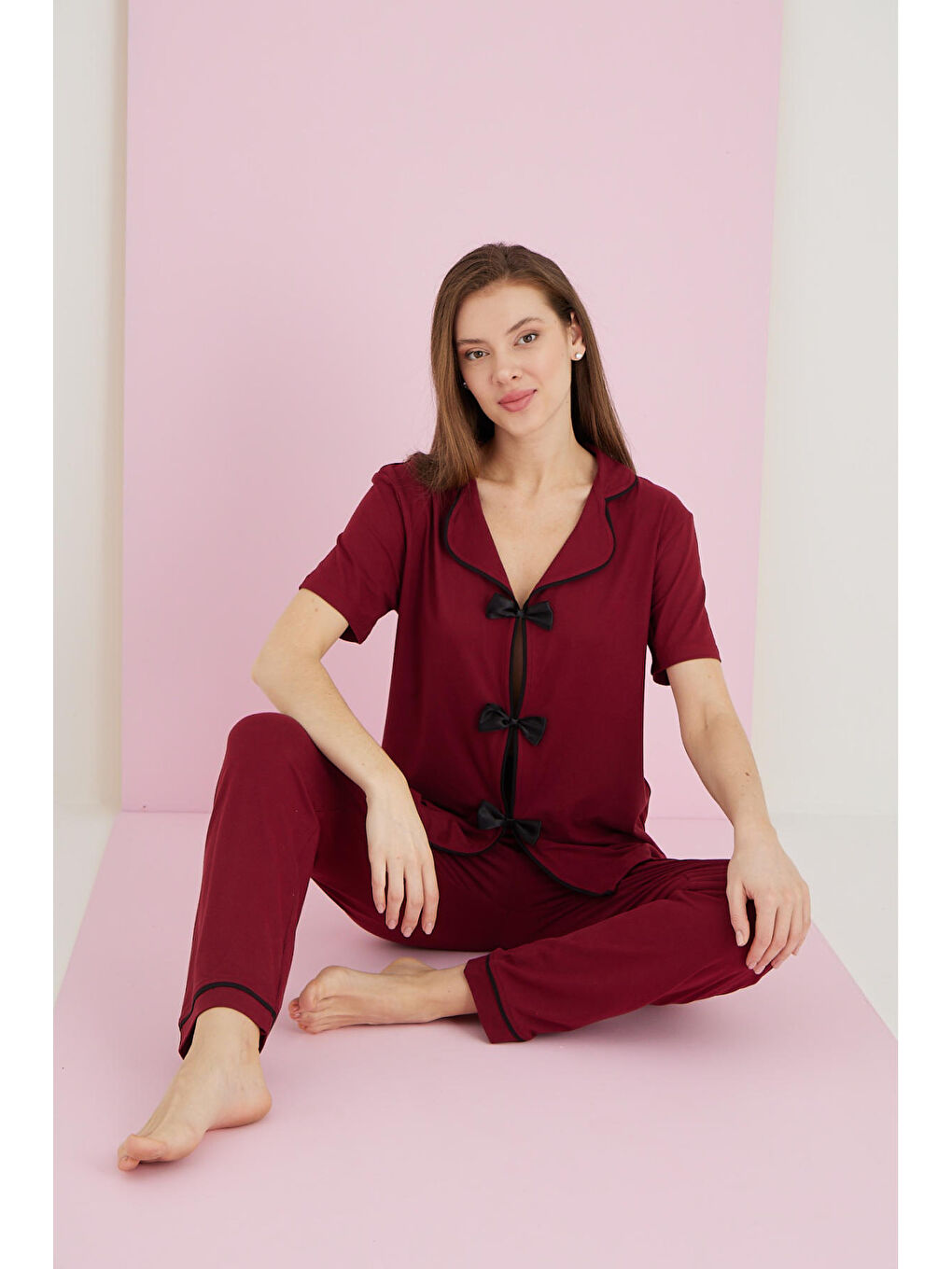 Bordo Bamboo Fiyonklu Pijama Takımı 7058-1