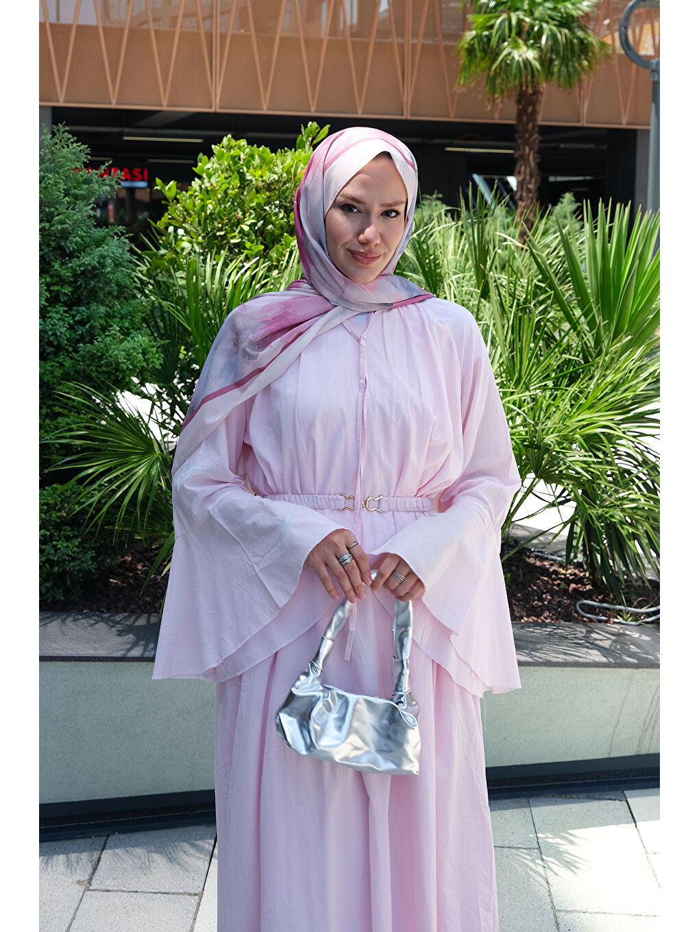 Kadın Boyun Bağcık Detay Bel Lastik Kemerli Elbise Pembe-2