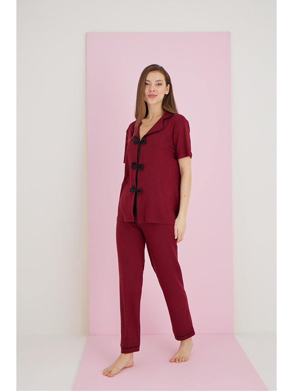 Bordo Bamboo Fiyonklu Pijama Takımı 7058-1-1