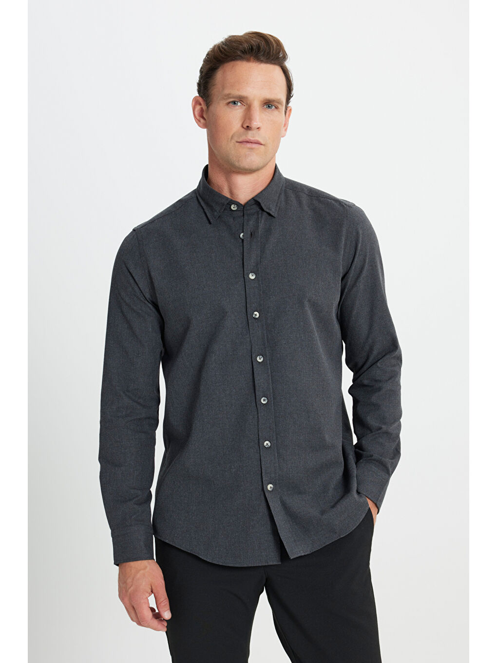 Erkek Antrasit Slim Fit Dar Kesim Düğmeli Yaka Flanel Oduncu Kışlık Gömlek