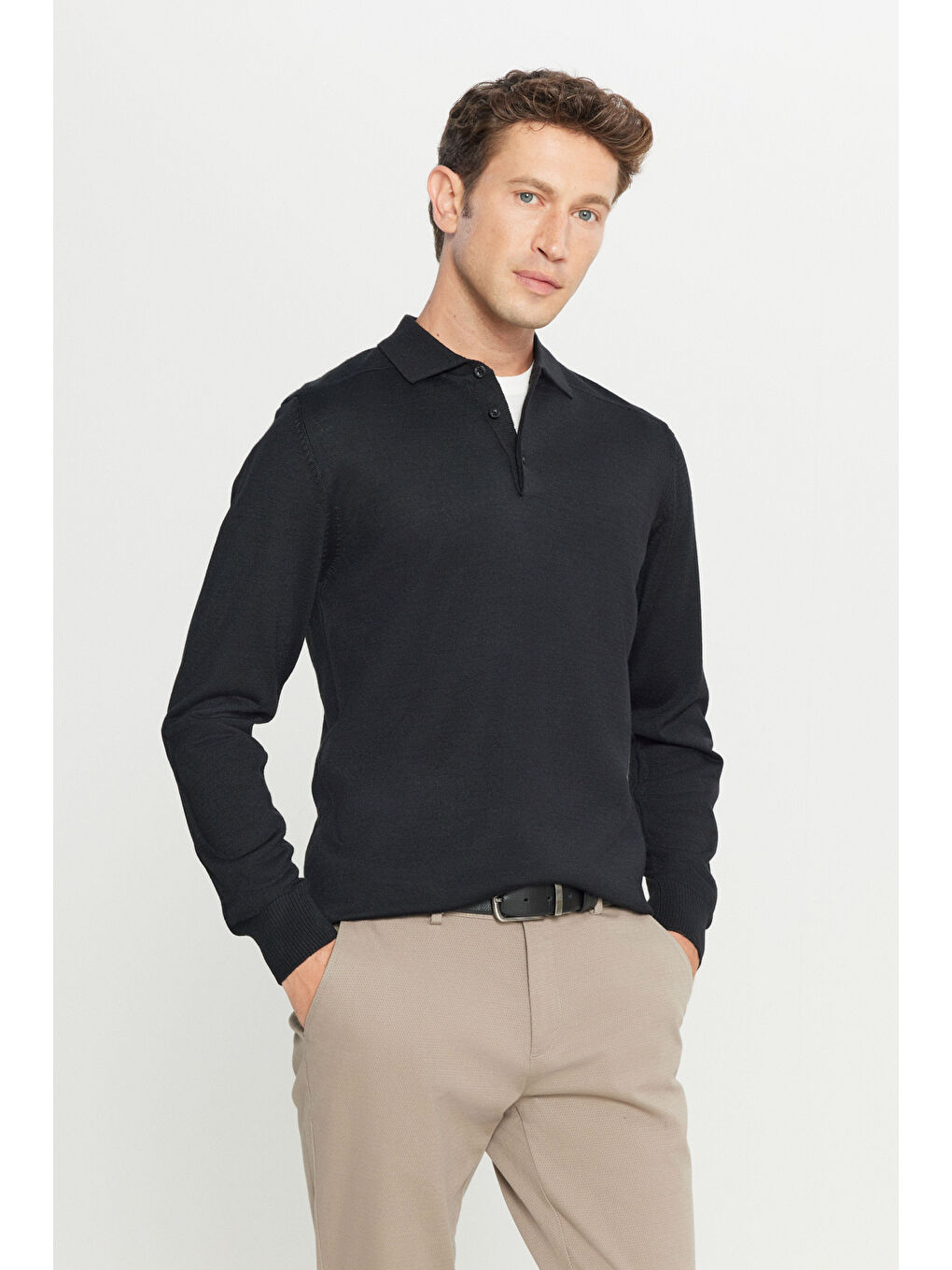 Erkek Siyah Yünlü Standart Fit Normal Kesim Polo Yaka Basic Triko Kazak-2