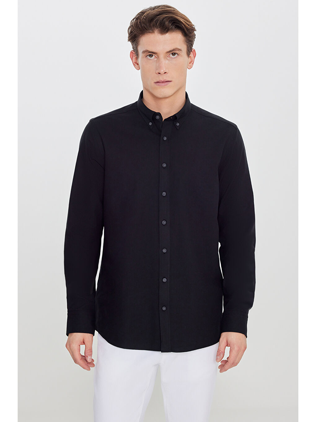 Erkek Siyah Pamuklu Slim Fit Dar Kesim Düğmeli Yaka Diagonal Desenli Flanel Gömlek