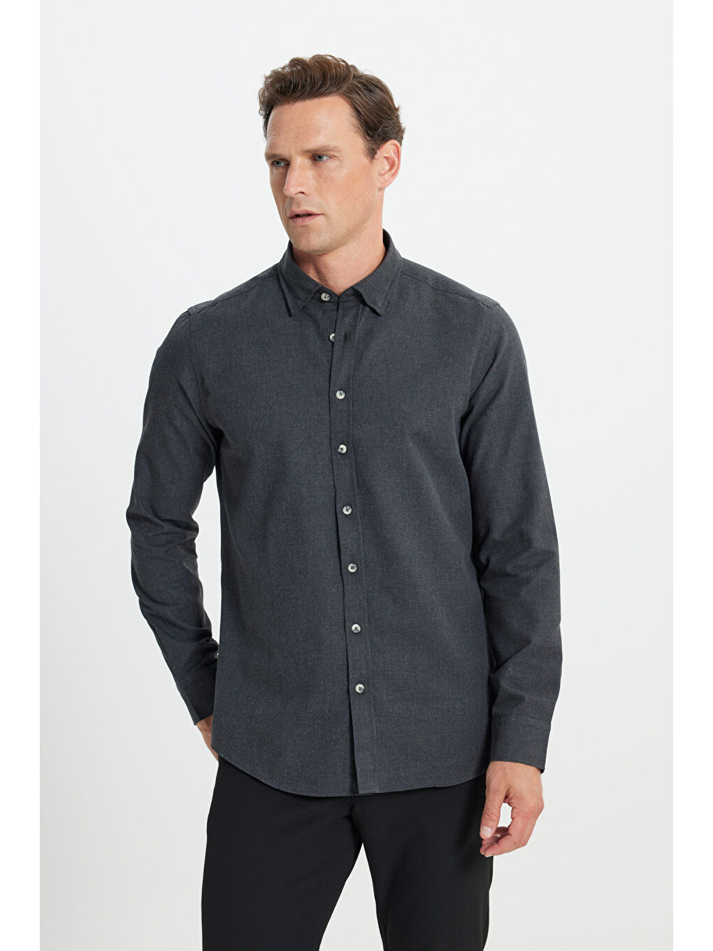 Erkek Antrasit Slim Fit Dar Kesim Düğmeli Yaka Flanel Oduncu Kışlık Gömlek-2