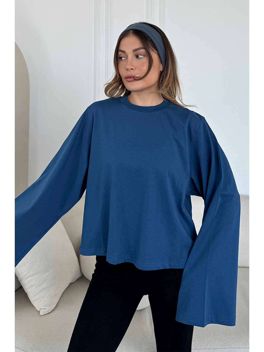 Lila Geniş Kol Oversize 2'Li Paket T-Shirt 965 İndigo/Ekru-4