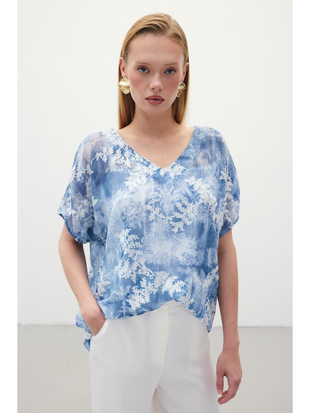 Nakışlı Kısa Kol Bluz - İndigo