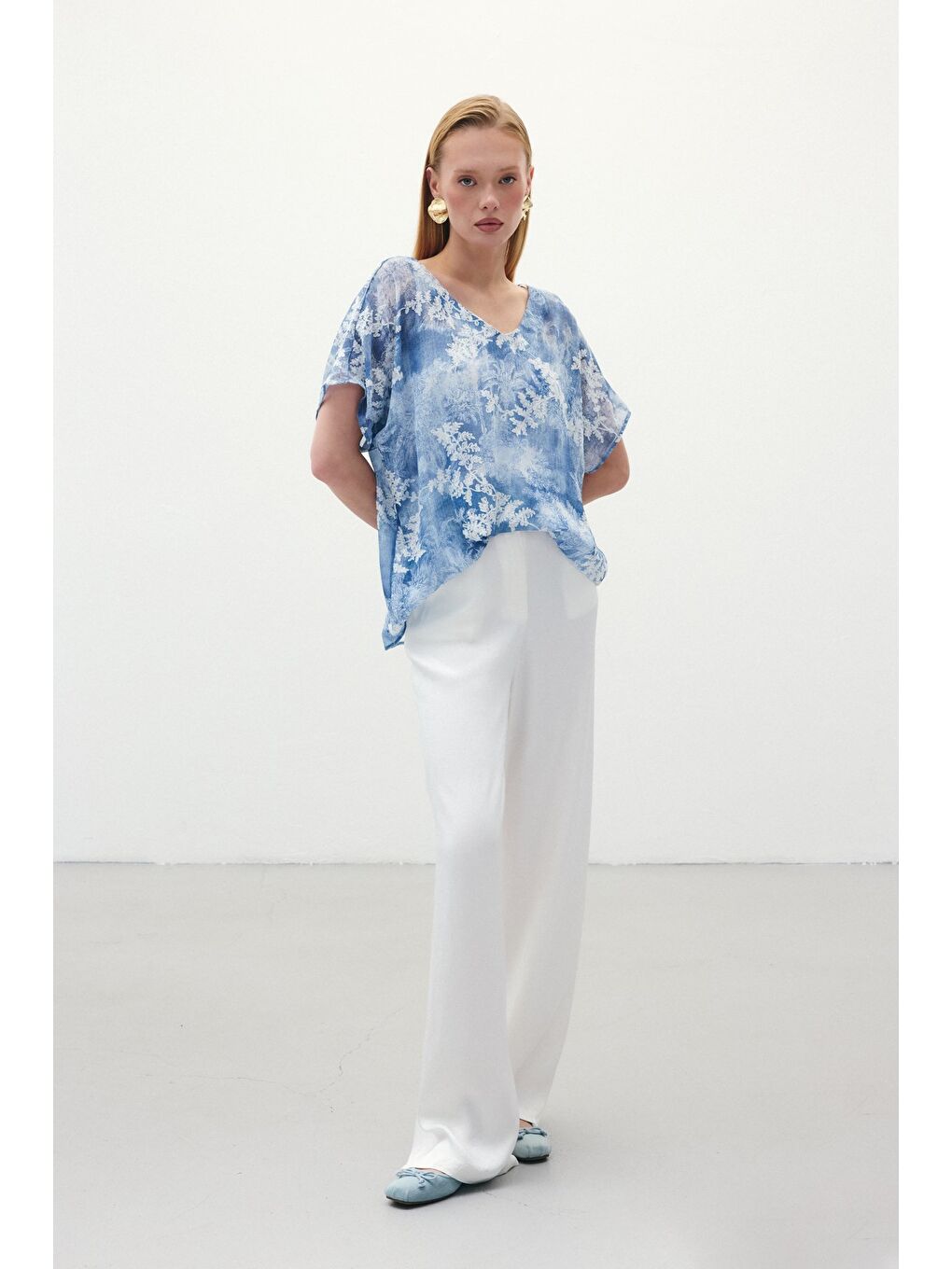 Nakışlı Kısa Kol Bluz - İndigo-1