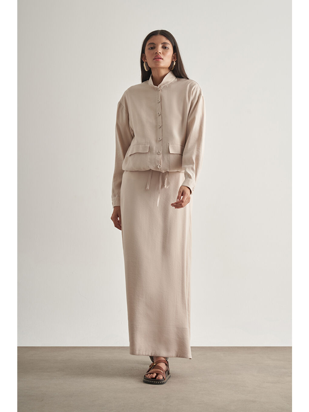 Bej İp Büzgülü Torba Cepli Modal Karışımlı Taş Rengi Ceket-1