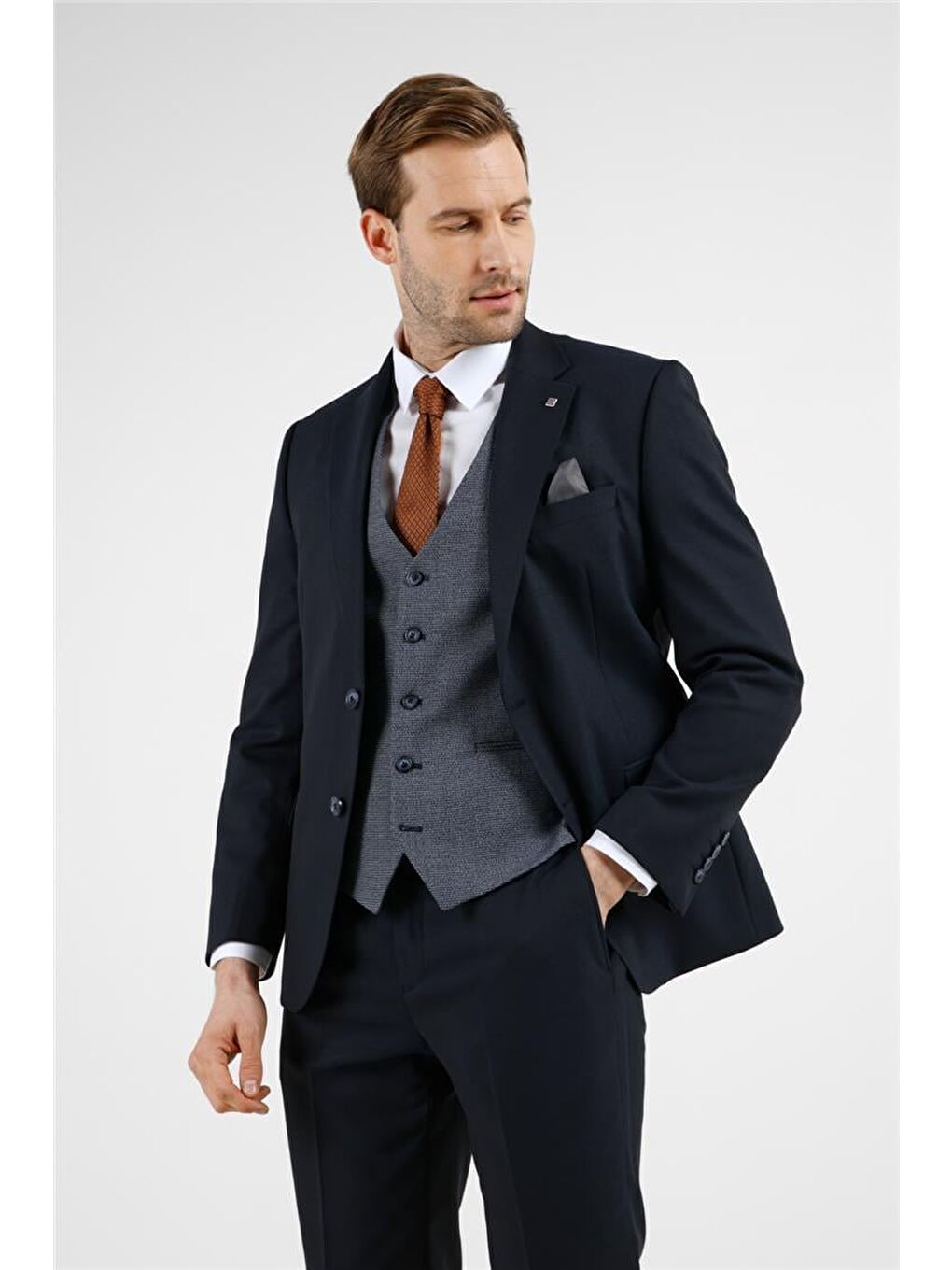 Lacivert Mono Yaka Kazayağı Desen 6 Drop Slim Fit Takım Elbise 1001255173-3