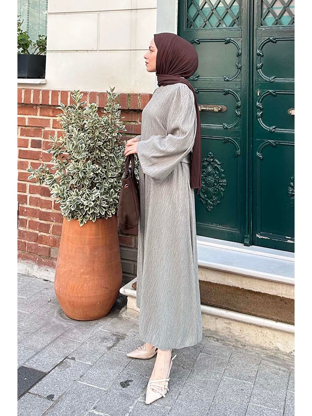 Balon Kol Krinkıl Etek Takım Mint Yeşili-1