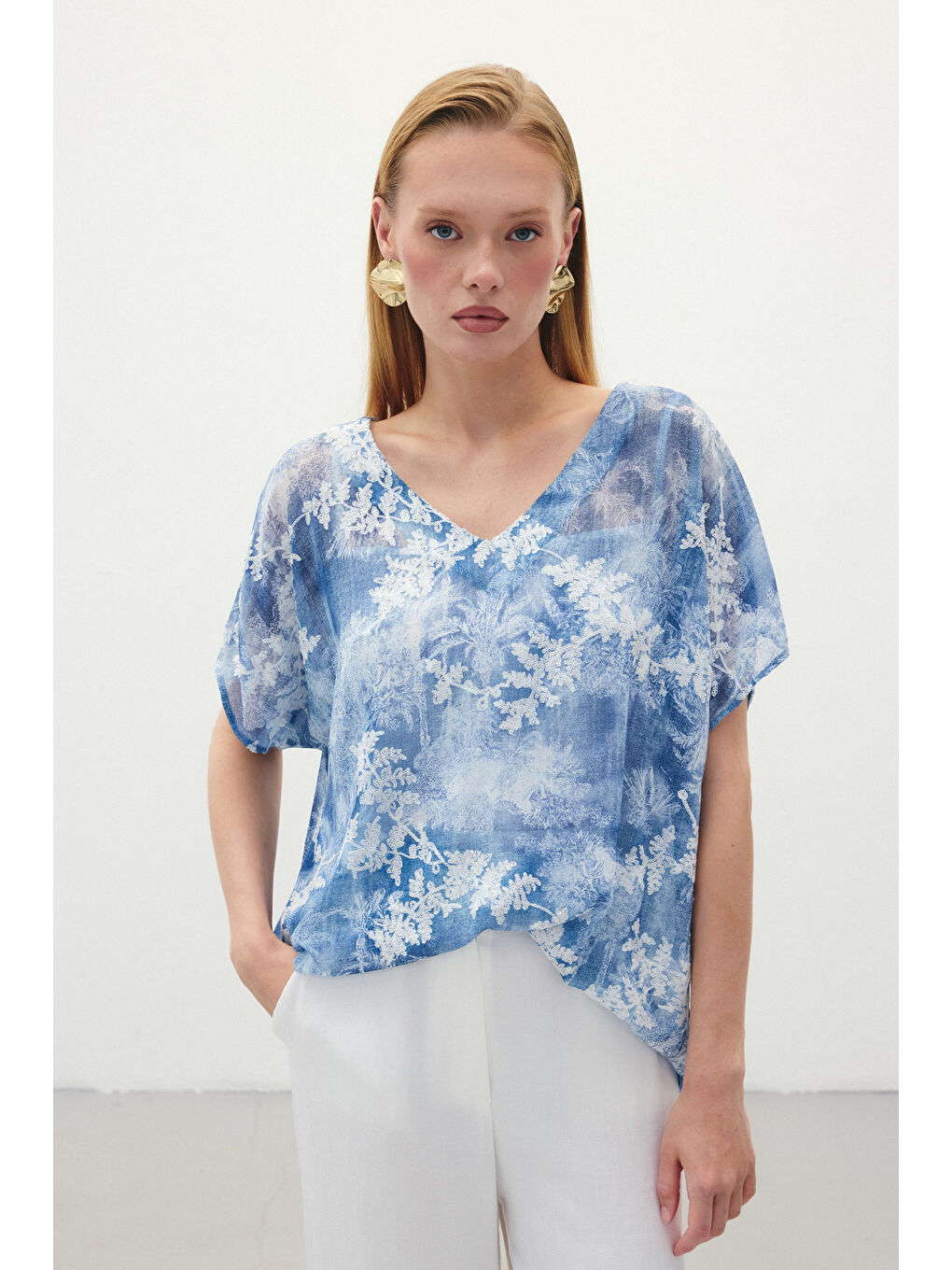 Nakışlı Kısa Kol Bluz - İndigo-2