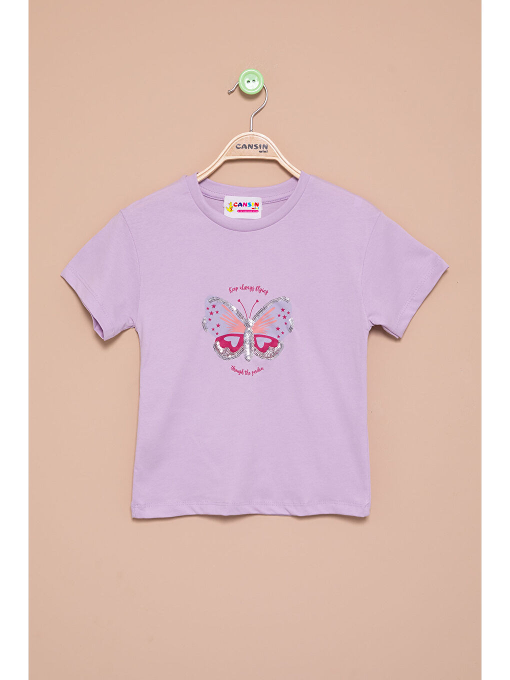 Lila Kelebek Baskılı Payetli Kız Çocuk Tişört 21000