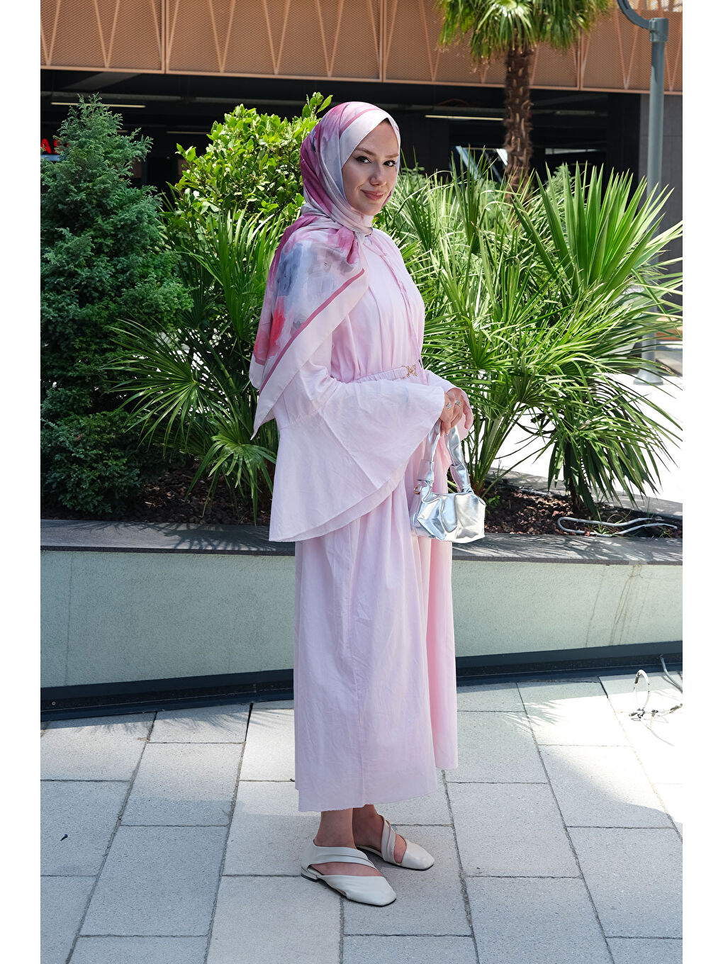 Kadın Boyun Bağcık Detay Bel Lastik Kemerli Elbise Pembe-3