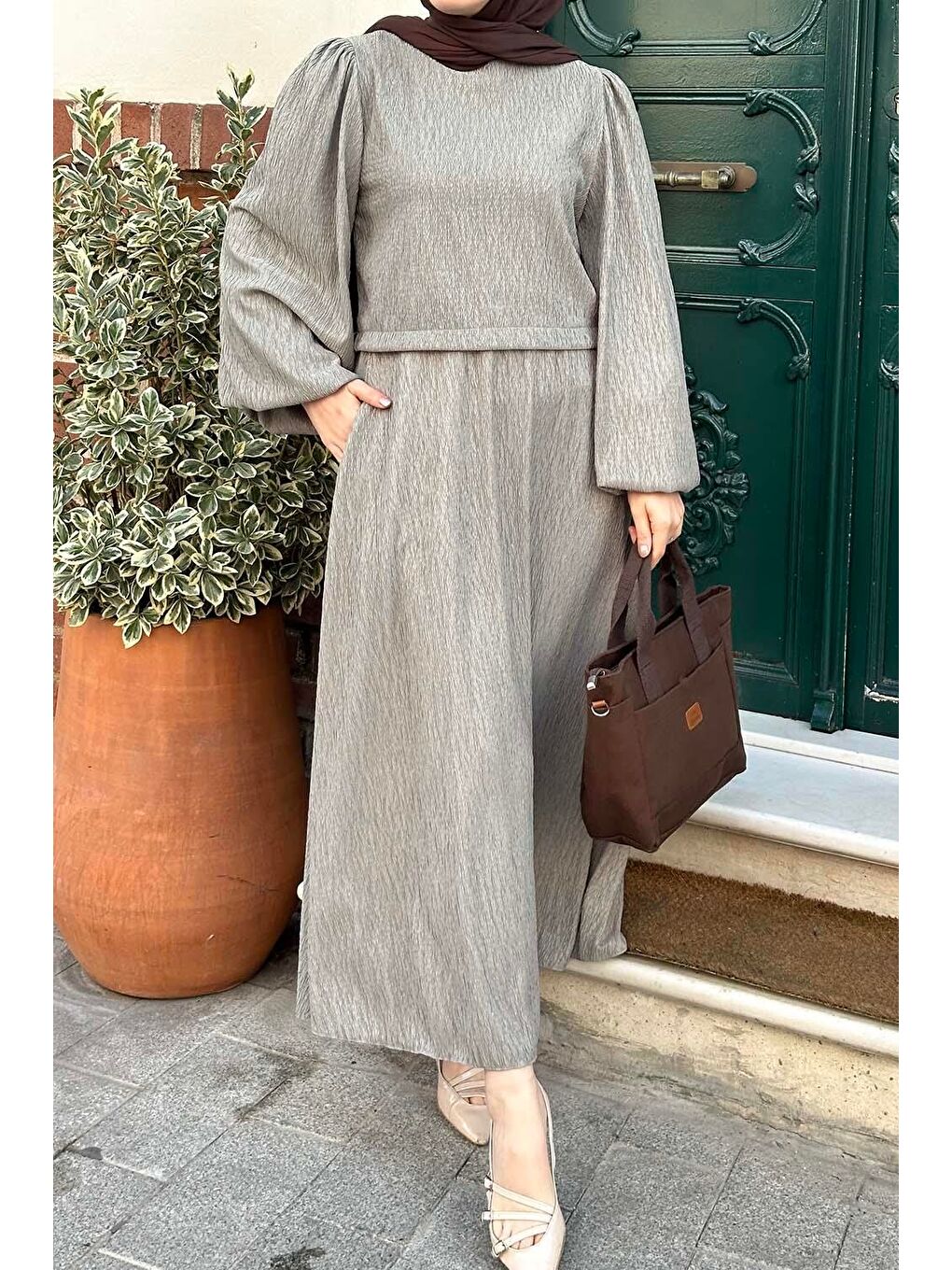 Balon Kol Krinkıl Etek Takım Mint Yeşili-2