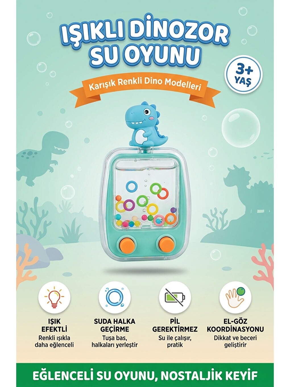 Işıklı Su Oyunu Dinozor Suda Halka Geçirme Nostaljik El Atarisi Pilsiz Su İle Çalışan 3+ Yaş Çocuk O-1