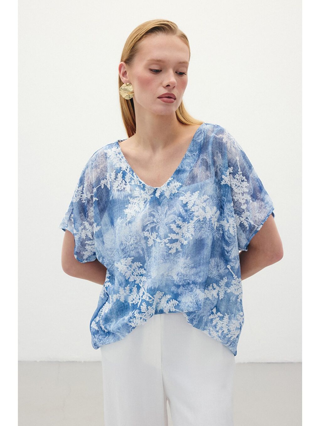 Nakışlı Kısa Kol Bluz - İndigo-3