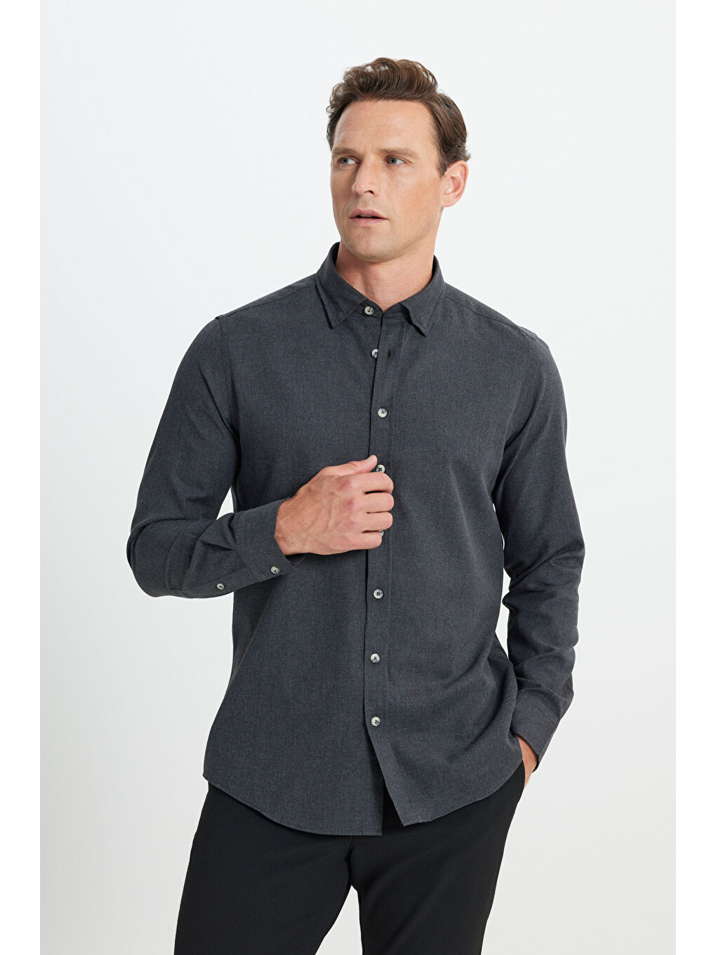 Erkek Antrasit Slim Fit Dar Kesim Düğmeli Yaka Flanel Oduncu Kışlık Gömlek-3