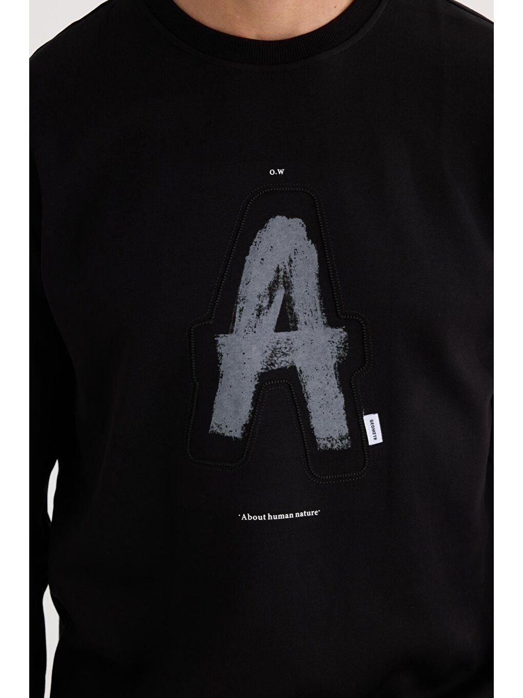 Unisex Relax Fit Rahat Kesim Pamuklu Yumuşak Dokulu Bisklet Yaka İç Polarlı Baskılı Siyah Sweatshirt-2