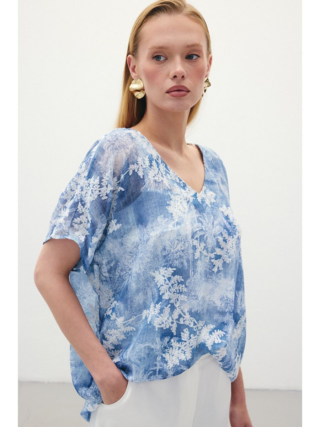 Nakışlı Kısa Kol Bluz - İndigo-4