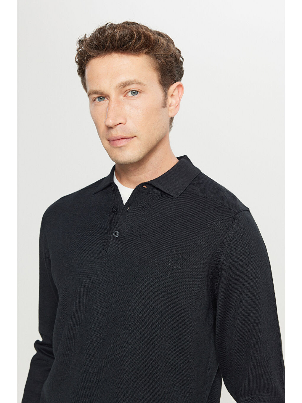 Erkek Siyah Yünlü Standart Fit Normal Kesim Polo Yaka Basic Triko Kazak-3