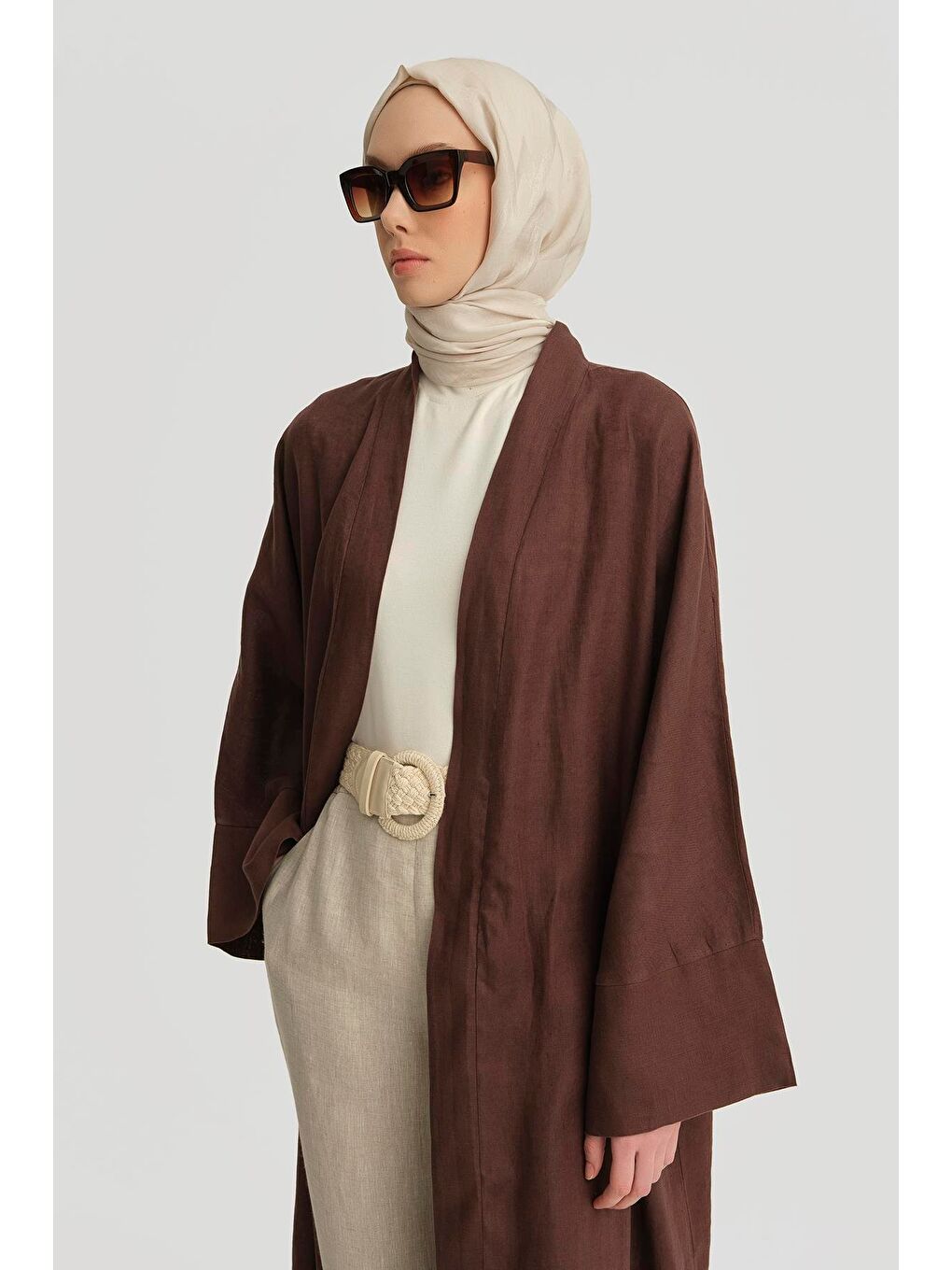 ARMİNE Keten Abaya 25Yd4230 Kahverengi - 3