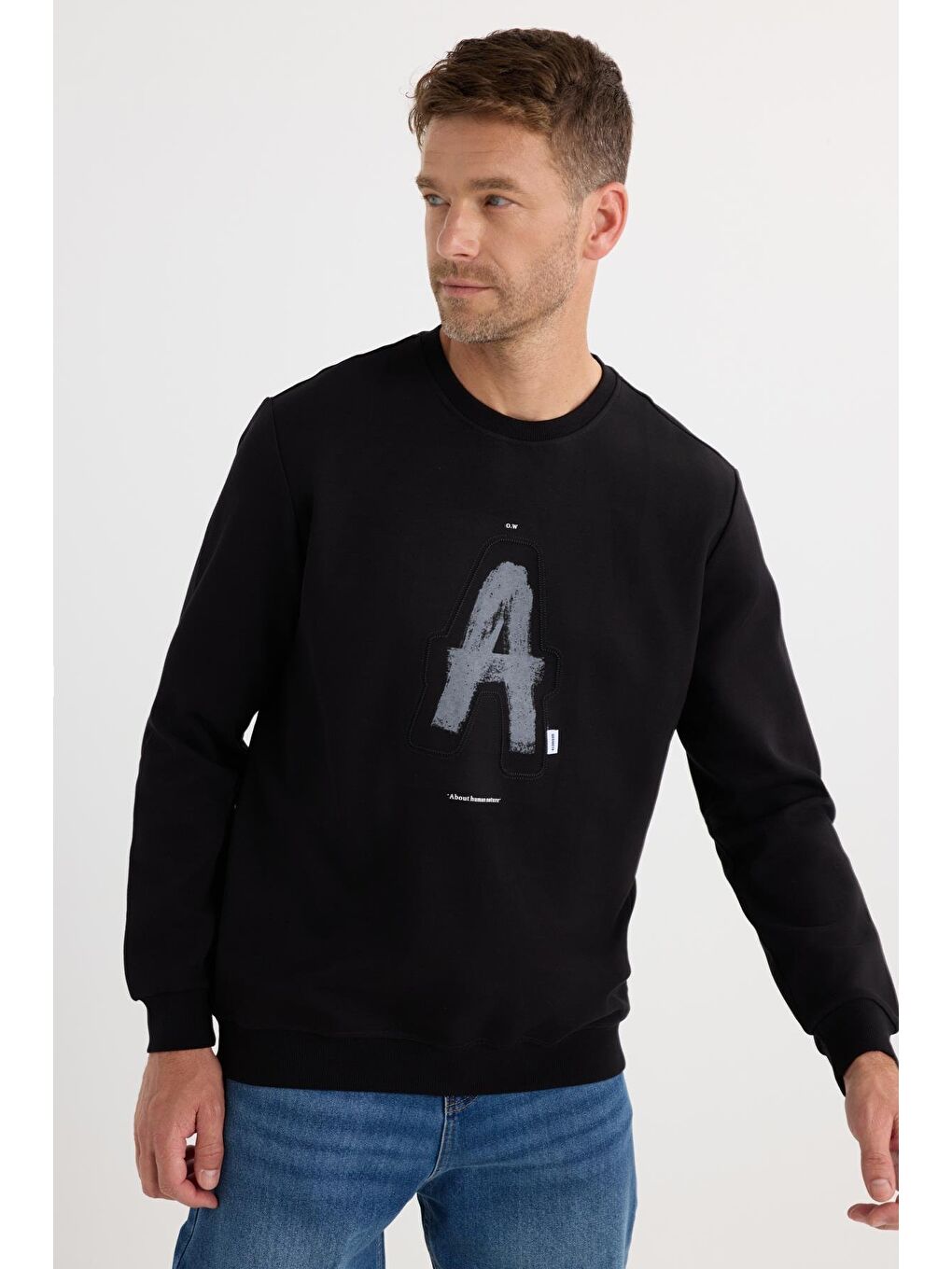 Unisex Relax Fit Rahat Kesim Pamuklu Yumuşak Dokulu Bisklet Yaka İç Polarlı Baskılı Siyah Sweatshirt-3