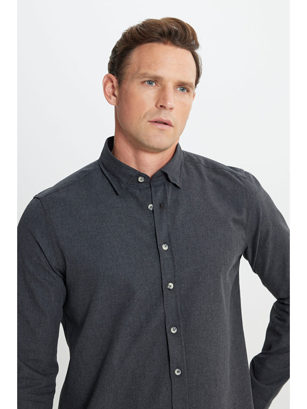 Erkek Antrasit Slim Fit Dar Kesim Düğmeli Yaka Flanel Oduncu Kışlık Gömlek-4