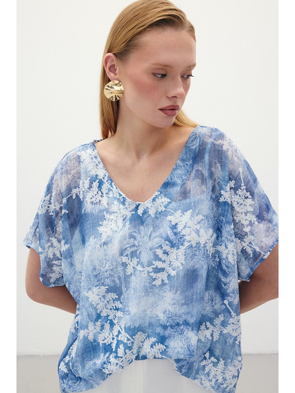 Nakışlı Kısa Kol Bluz - İndigo-5