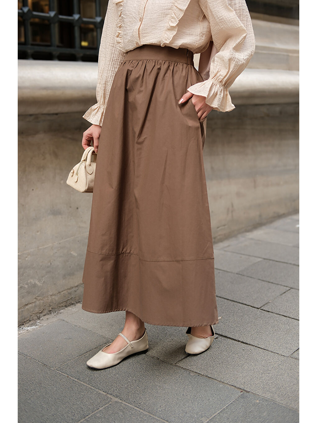 Locco Moda Kadın Beli Lastikli Poplin Etek Kahverengi - 1