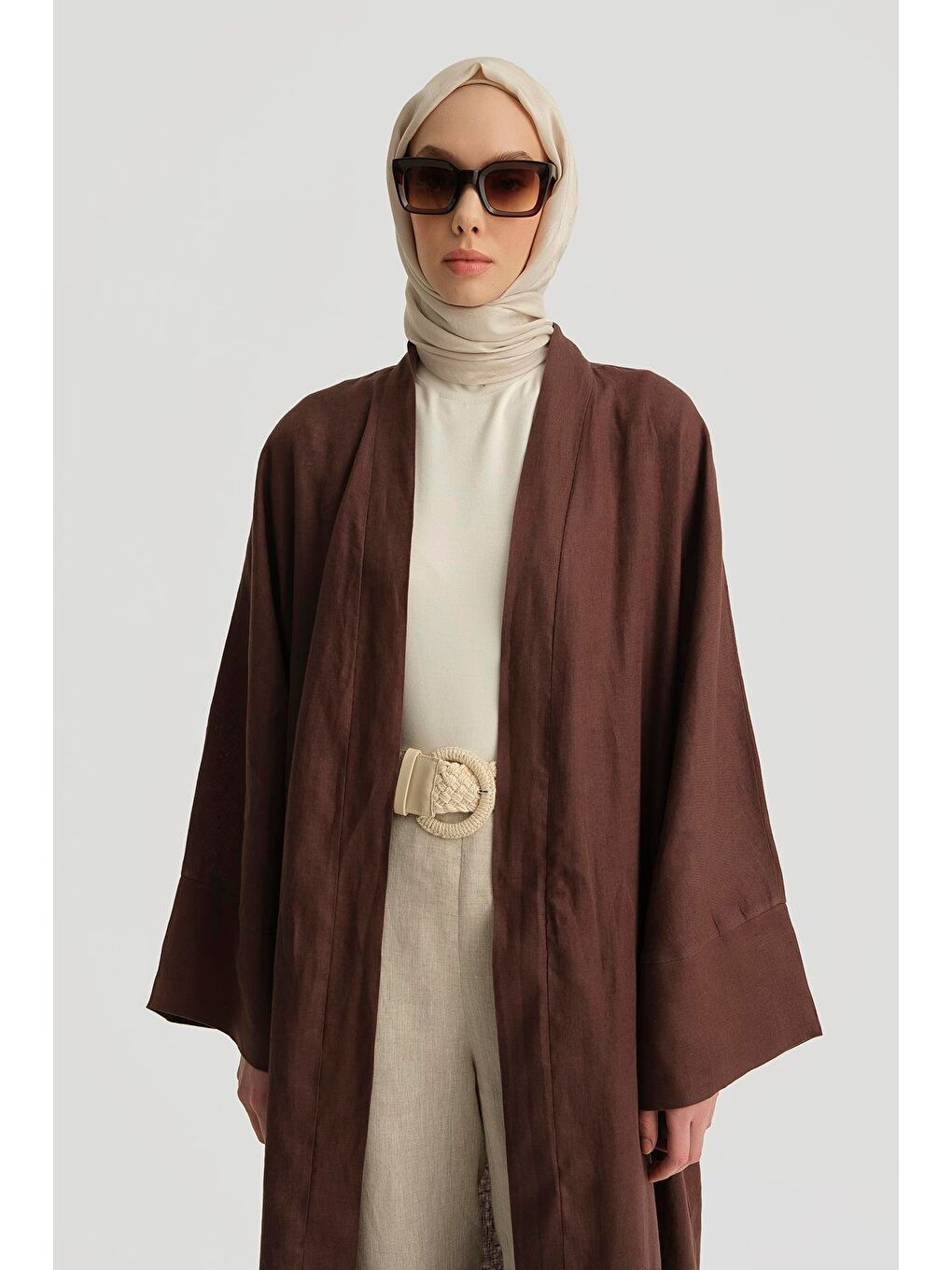 ARMİNE Keten Abaya 25Yd4230 Kahverengi - 4