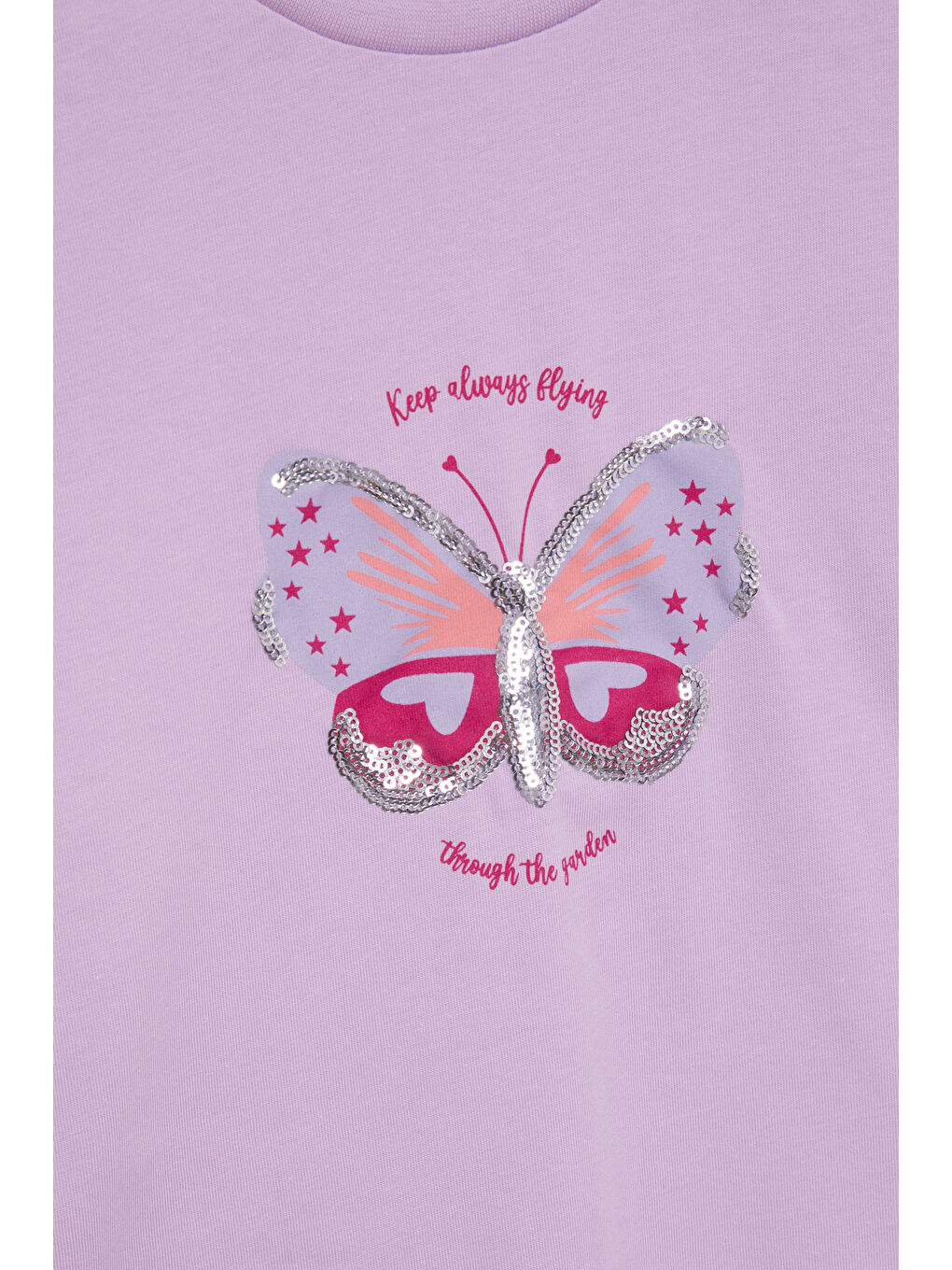 Lila Kelebek Baskılı Payetli Kız Çocuk Tişört 21000-1
