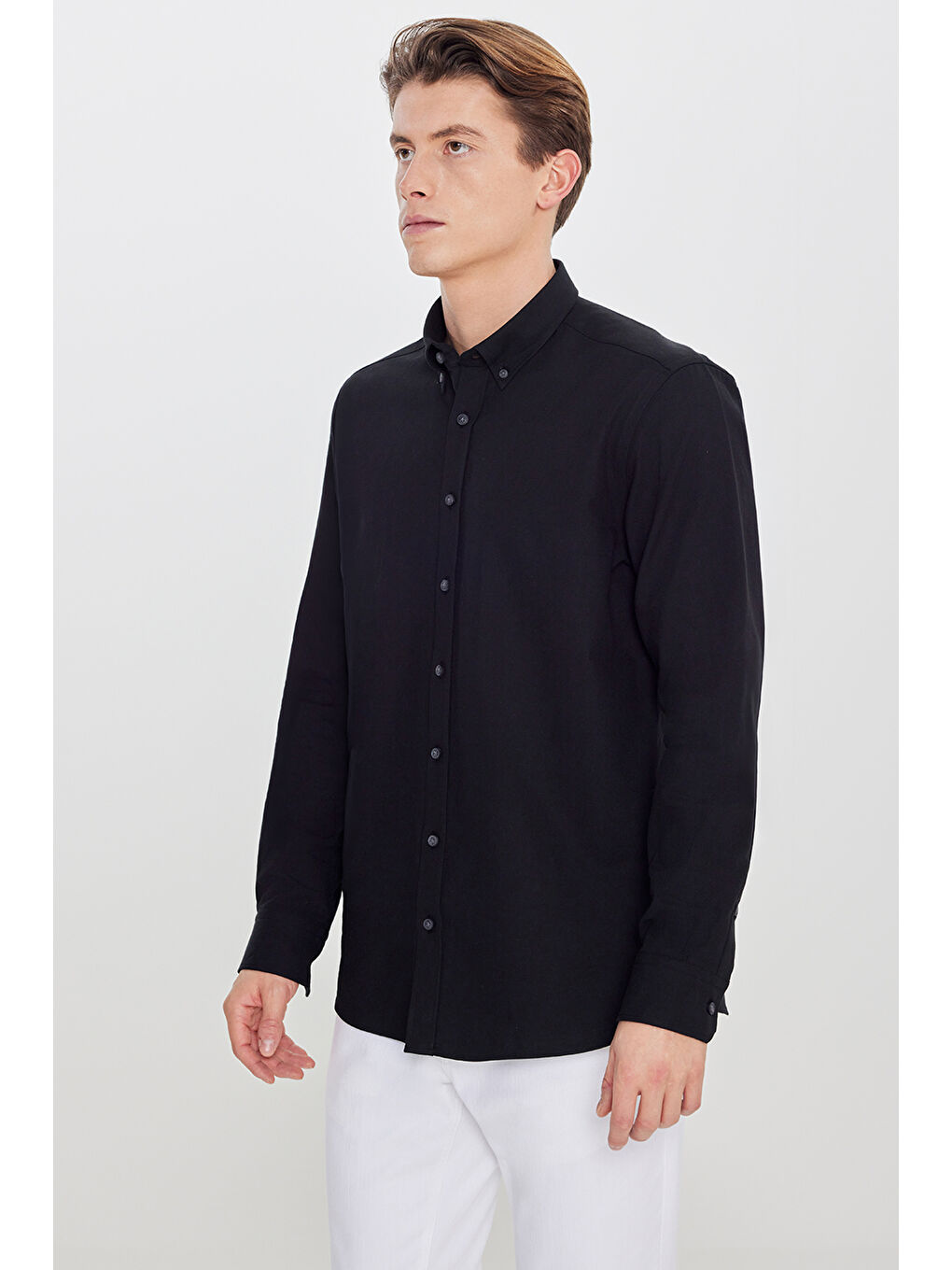 Erkek Siyah Pamuklu Slim Fit Dar Kesim Düğmeli Yaka Diagonal Desenli Flanel Gömlek-2